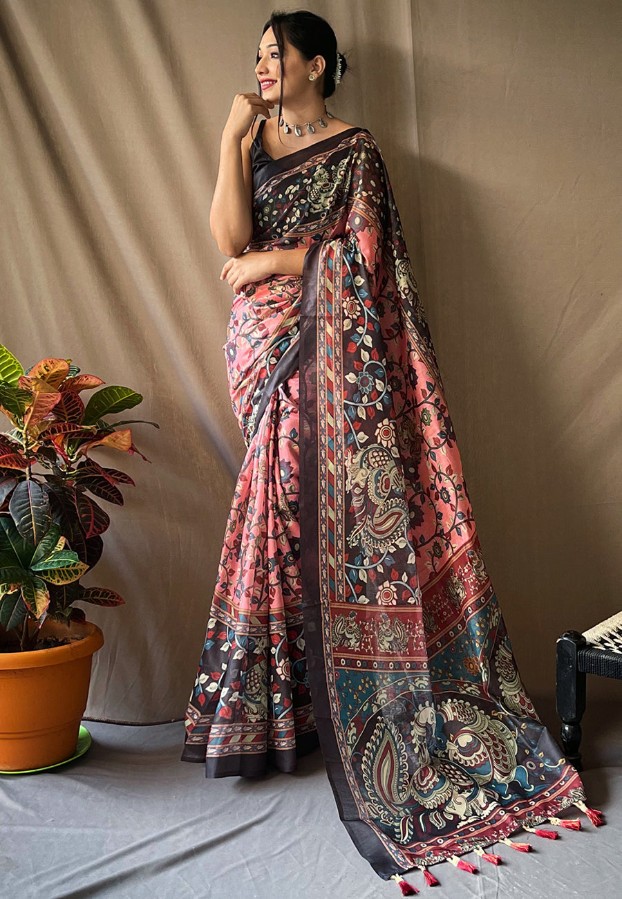 1 MIN Ready To Wear Cotton Kalamkari Printed Saree Dusty Pink