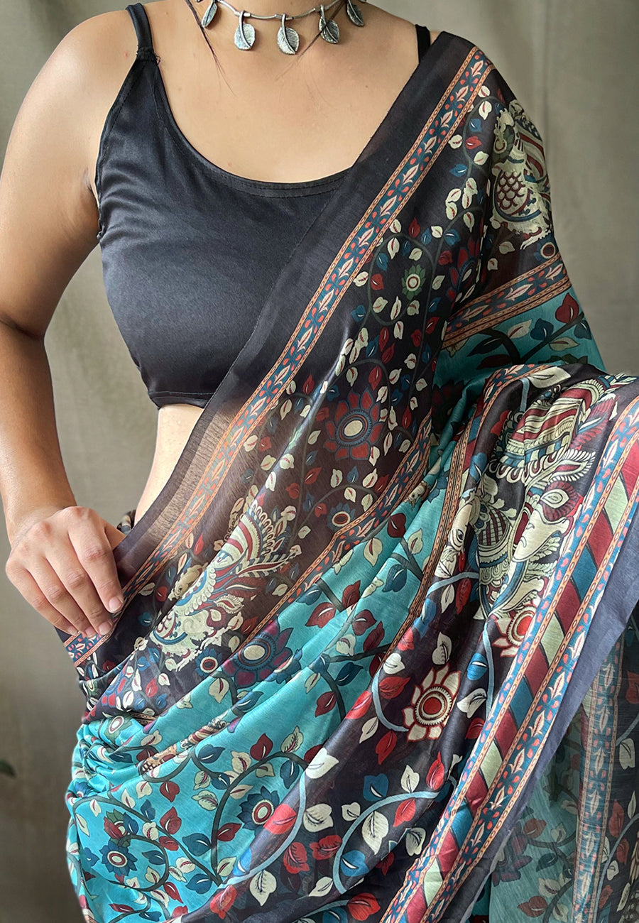 Cotton Kalamkari Printed Saree Blue