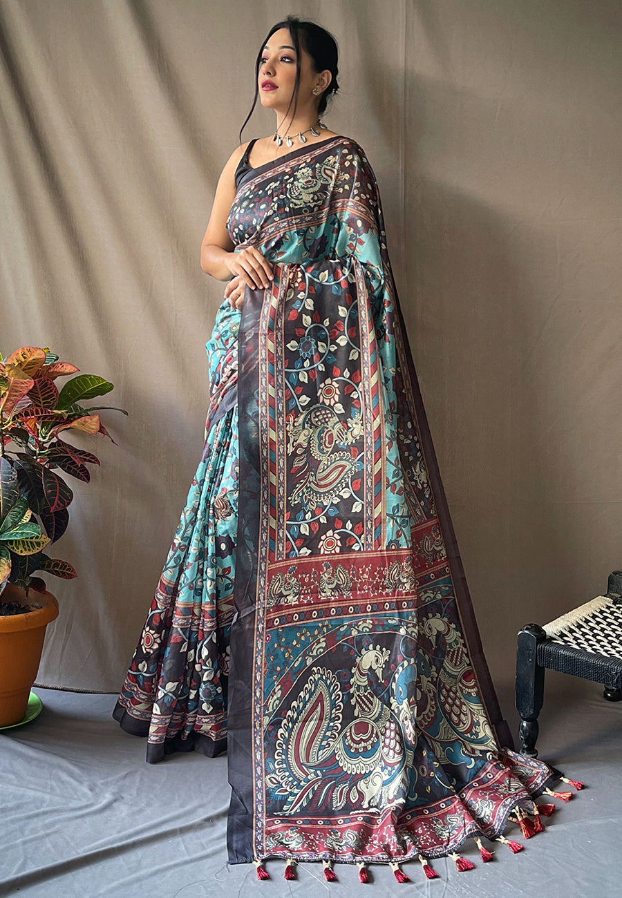 Cotton Kalamkari Printed Saree Blue