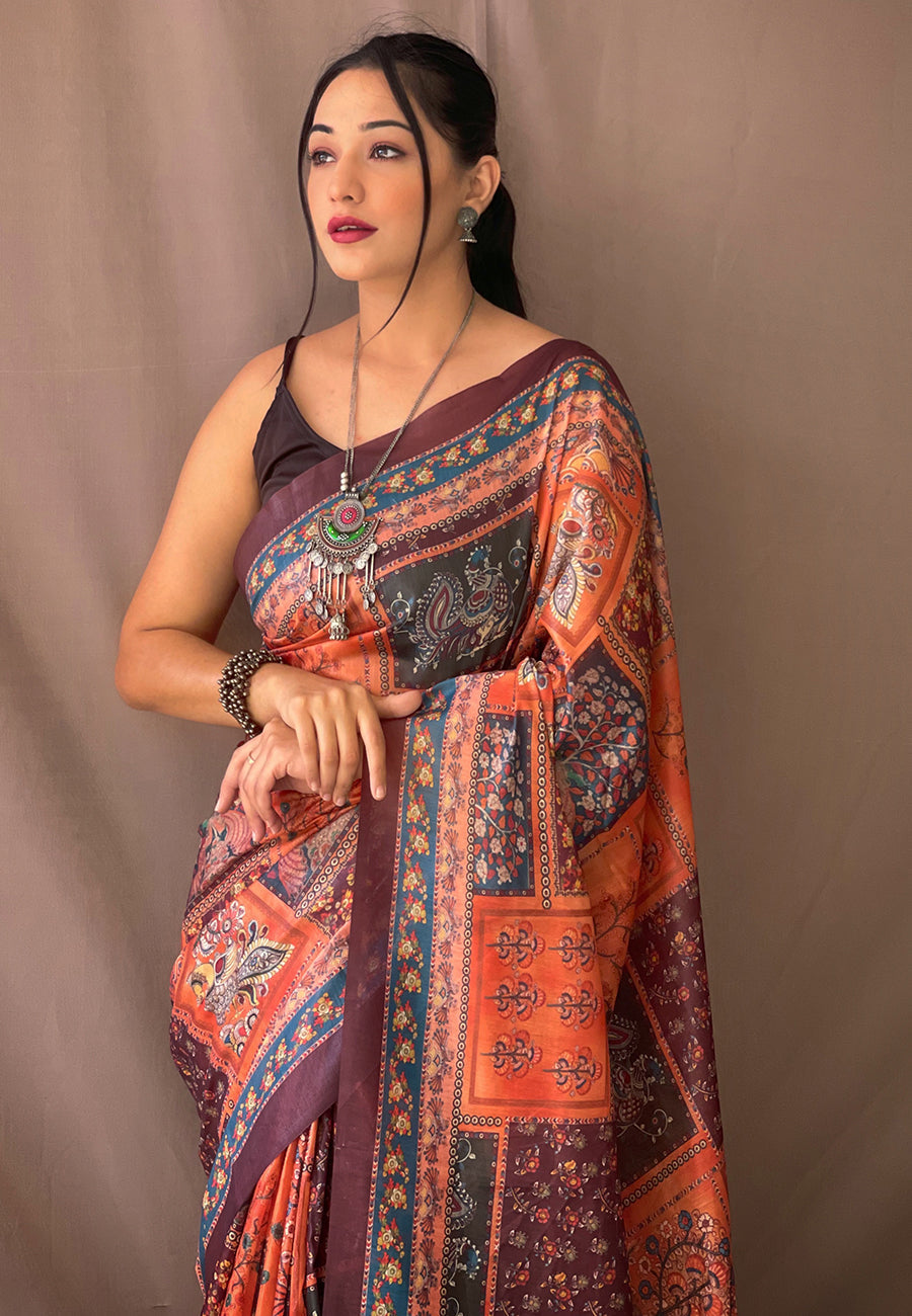 Cotton Kalamkari Printed Saree Sunrise Orange