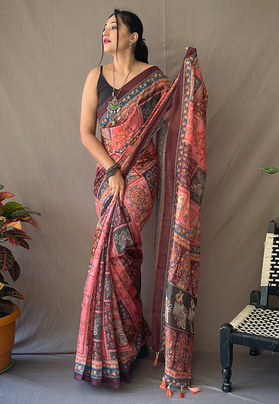 Cotton Kalamkari Printed Saree Deep Pink