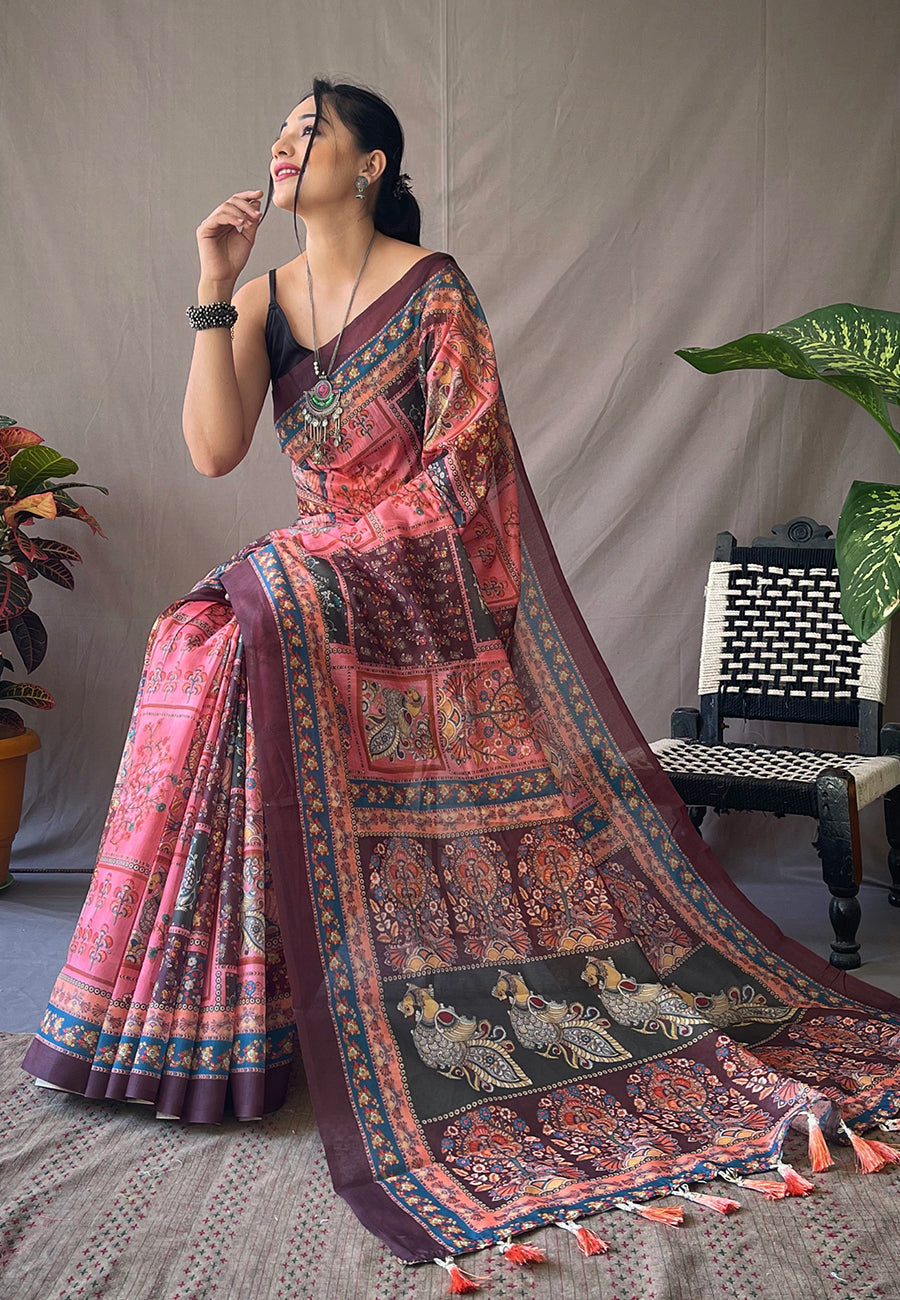 Cotton Kalamkari Printed Saree Deep Pink