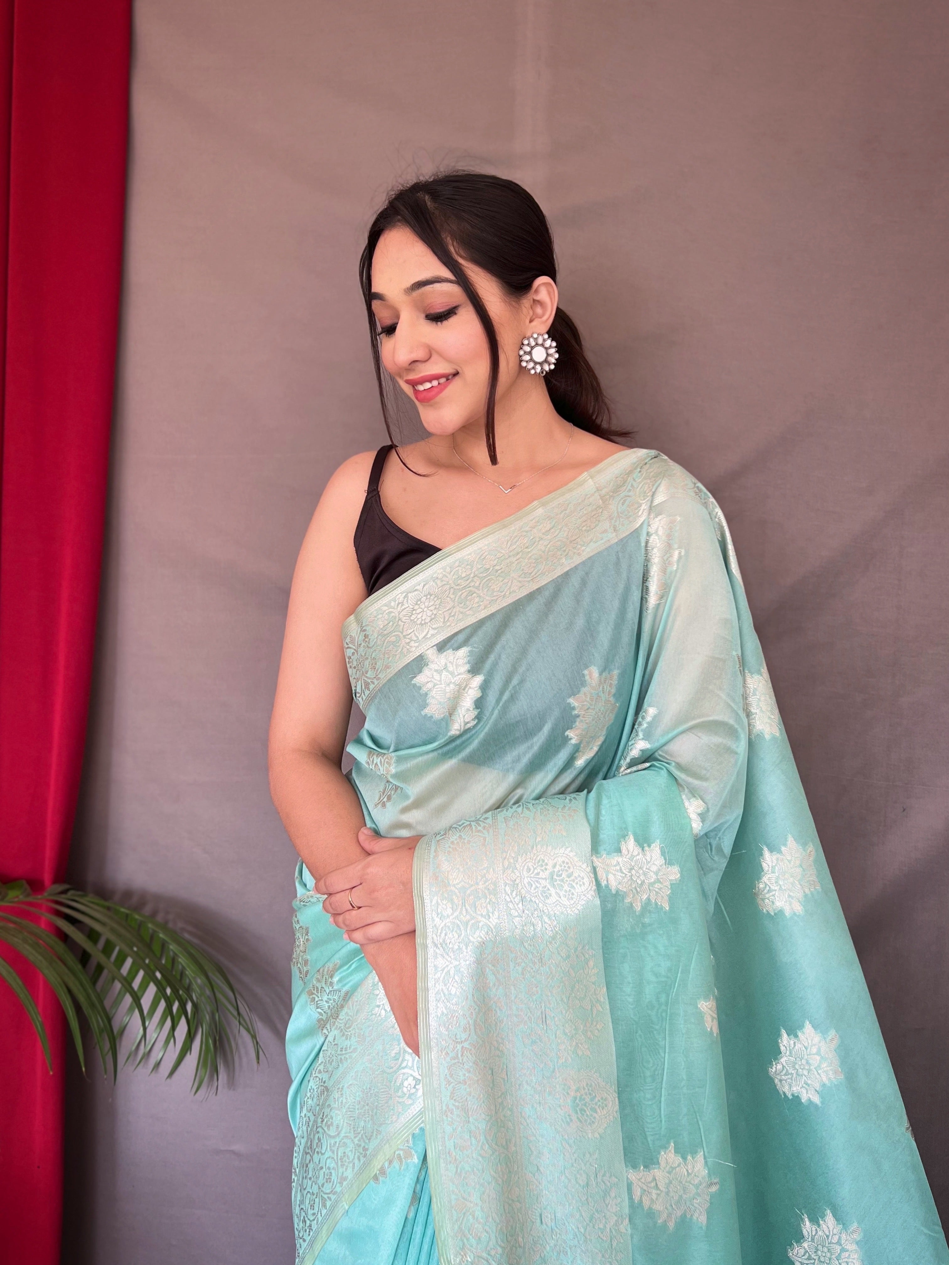 Saanvi Cotton Rose Gold Woven Saree Sky Blue