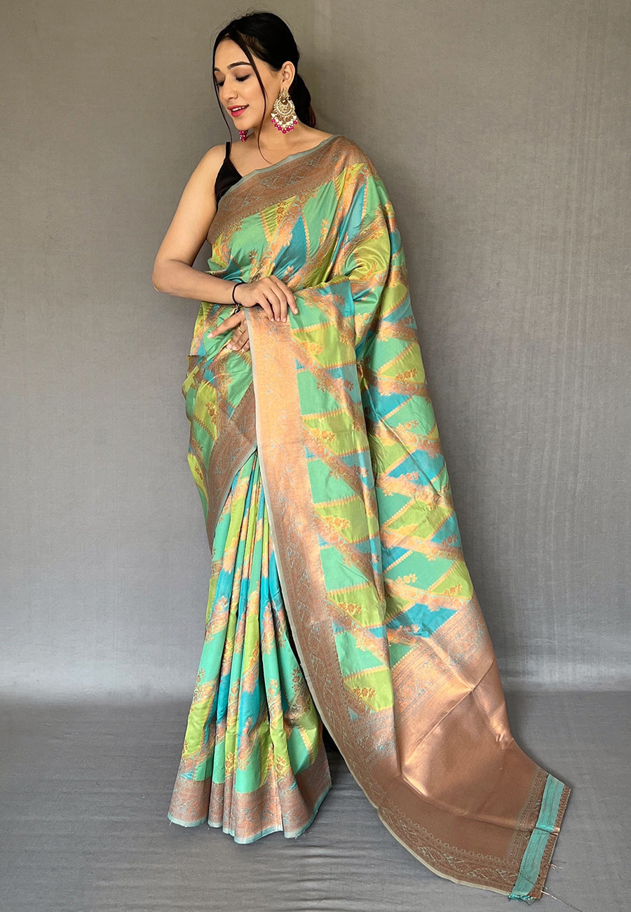 Blue Green Indrani Organza Copper Zari Woven Saree