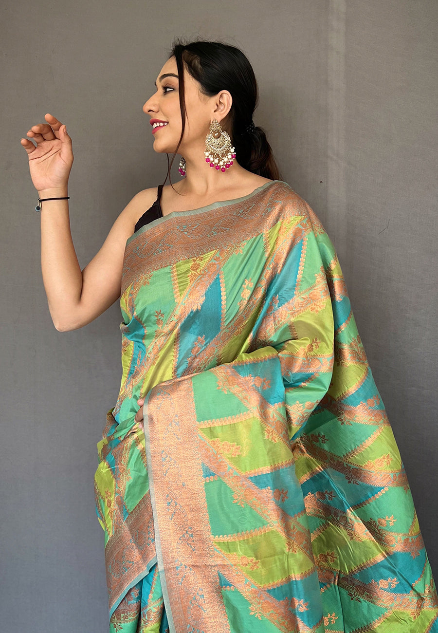 Blue Green Indrani Organza Copper Zari Woven Saree