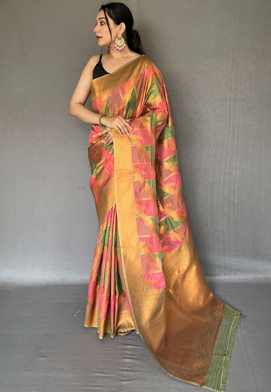 Pink Green Indrani Organza Copper Zari Woven Saree