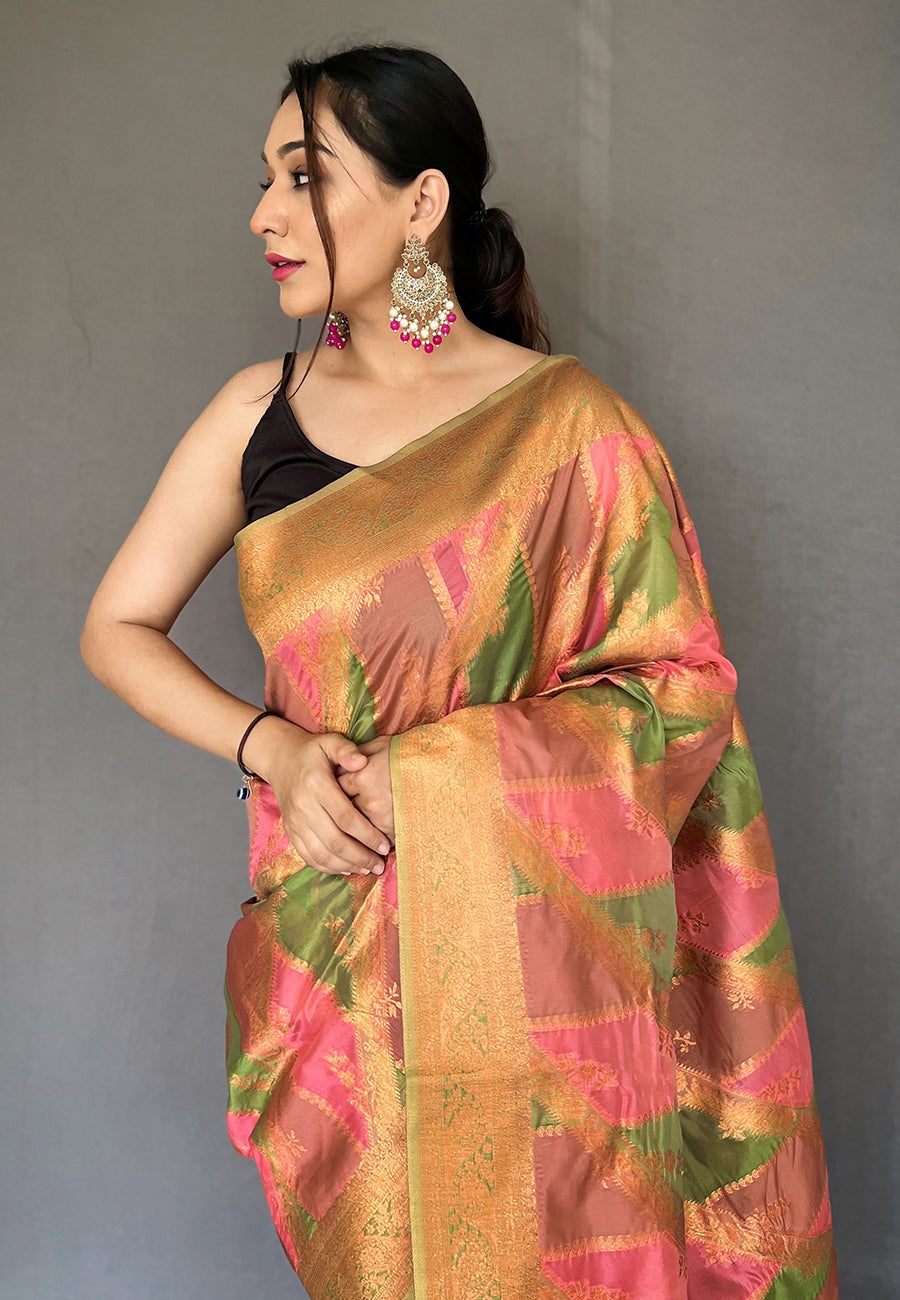 Pink Green Indrani Organza Copper Zari Woven Saree