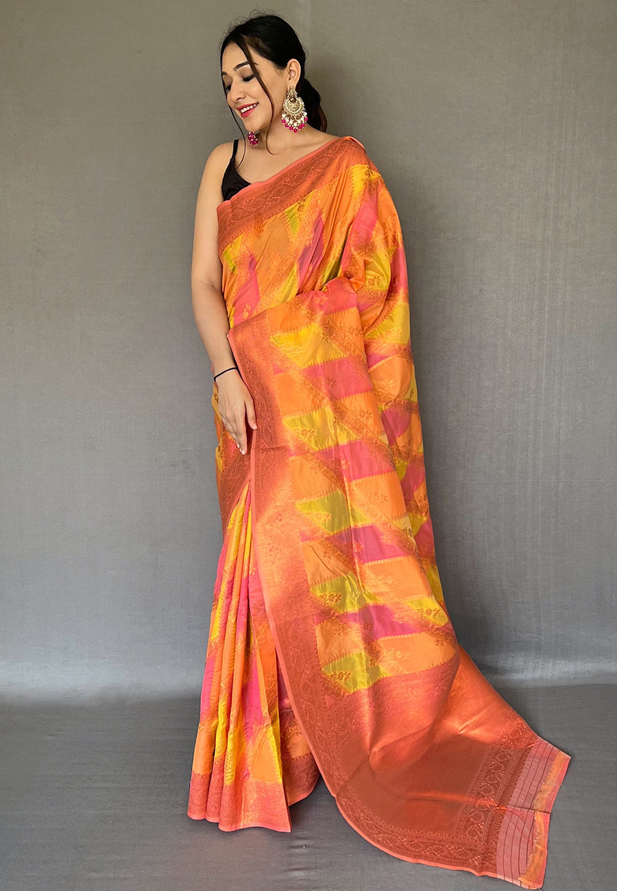 Peach Orange Indrani Organza Copper Zari Woven Saree