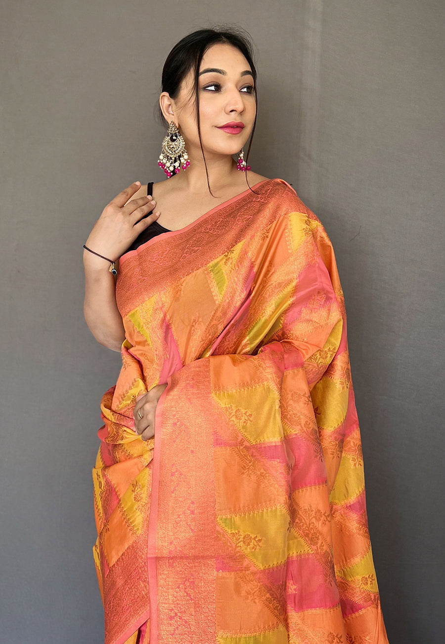 Peach Orange Indrani Organza Copper Zari Woven Saree