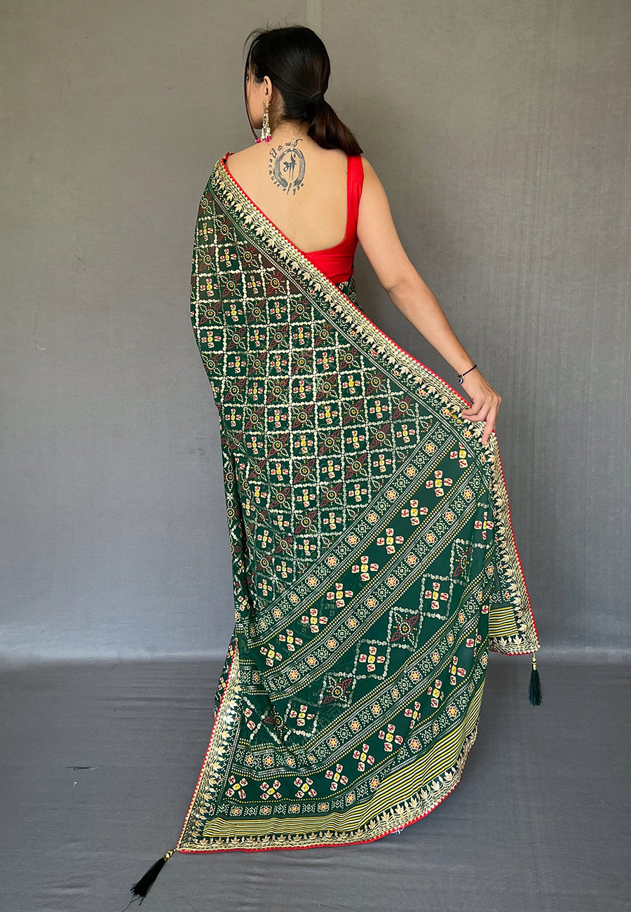 Green Georgette Bandhani Gota Patti Embroidered Saree