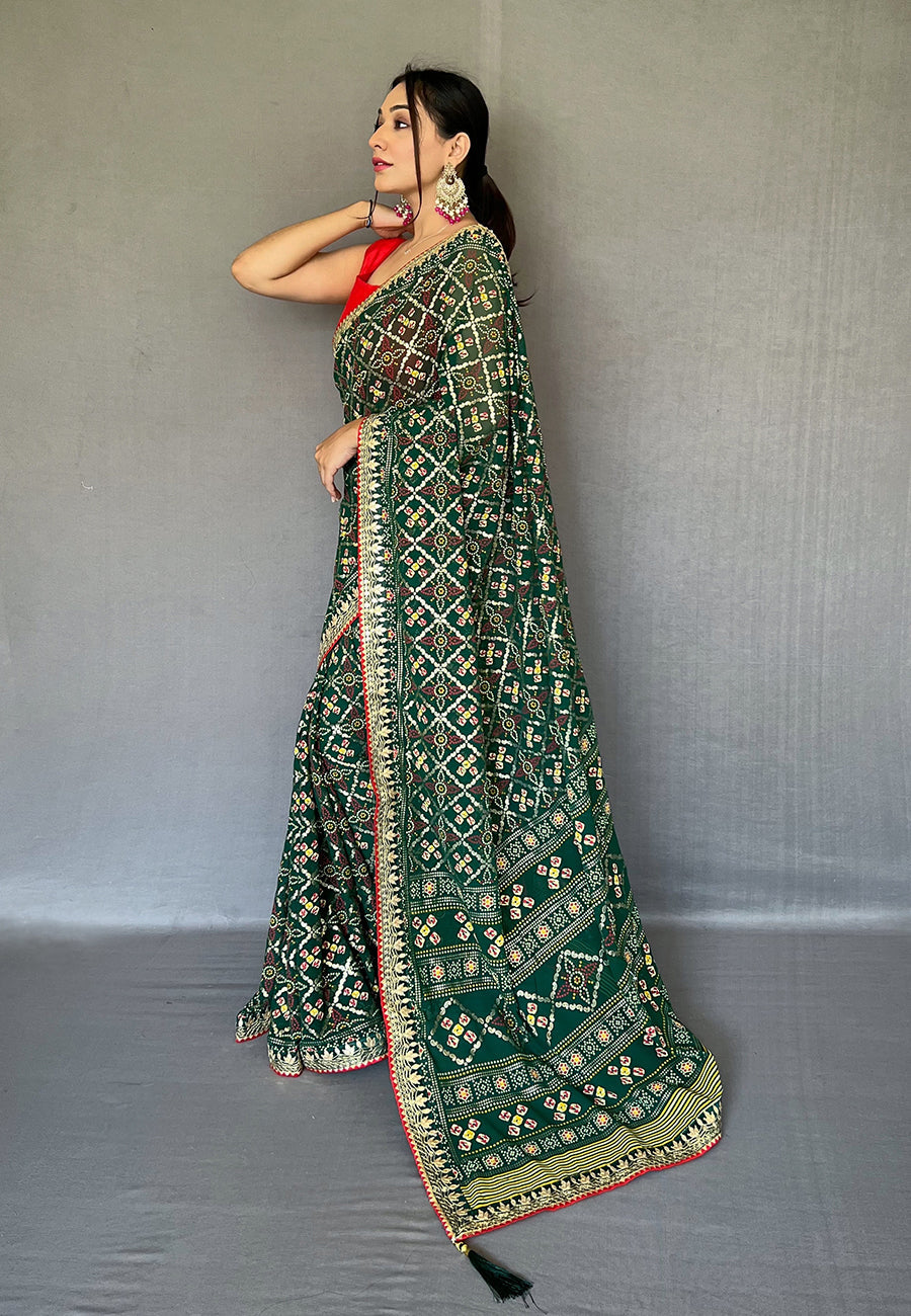 Green Georgette Bandhani Gota Patti Embroidered Saree