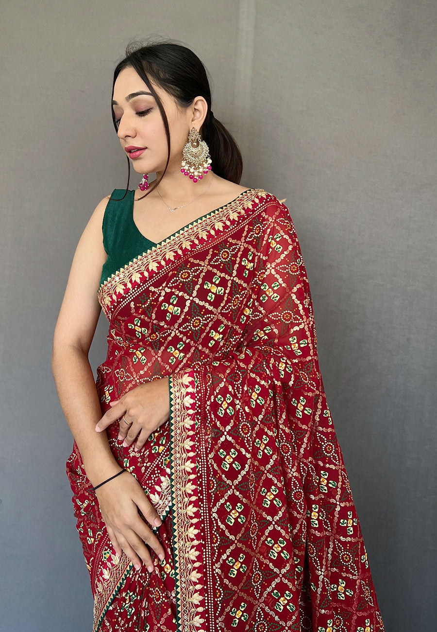 Maroon Georgette Bandhani Gota Patti Embroidered Saree