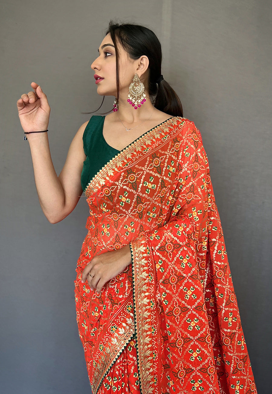 Orange Georgette Bandhani Gota Patti Embroidered Saree