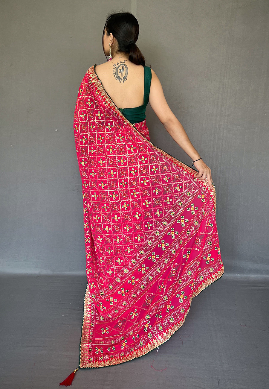 Pink Georgette Bandhani Gota Patti Embroidered Saree