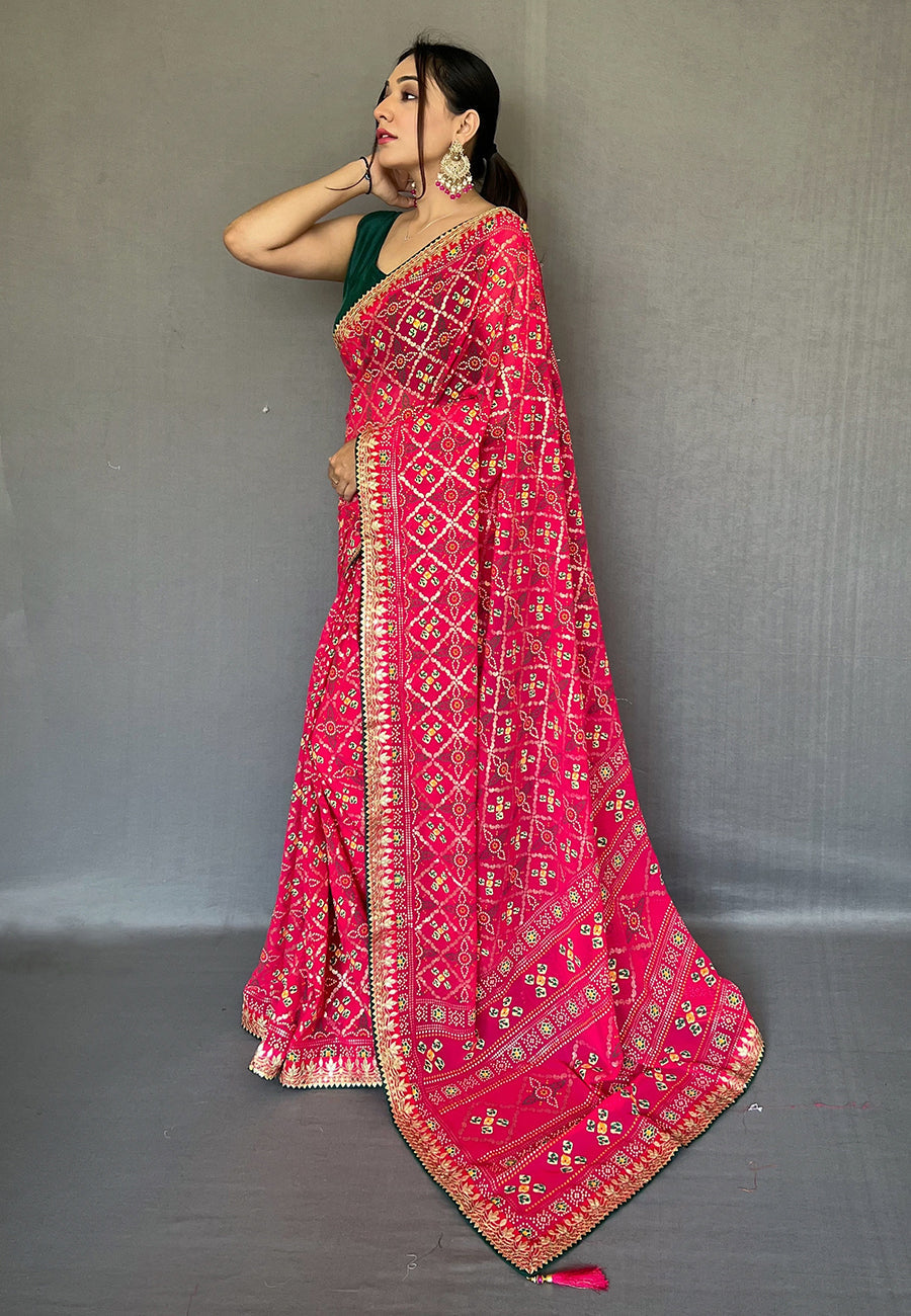 Pink Georgette Bandhani Gota Patti Embroidered Saree