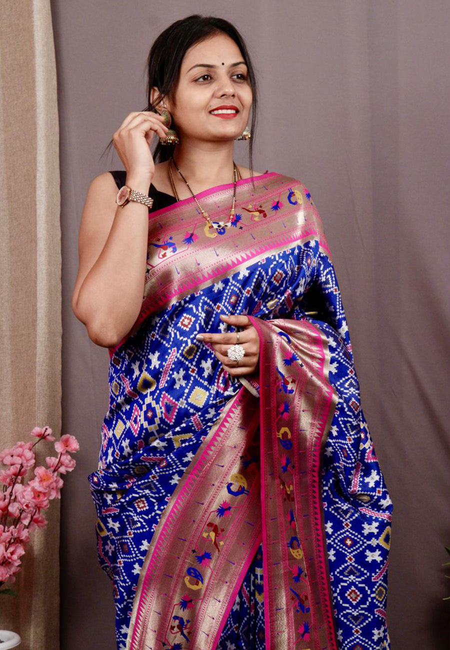 Royal Blue Patola Paithani Fusion Zari Woven Saree