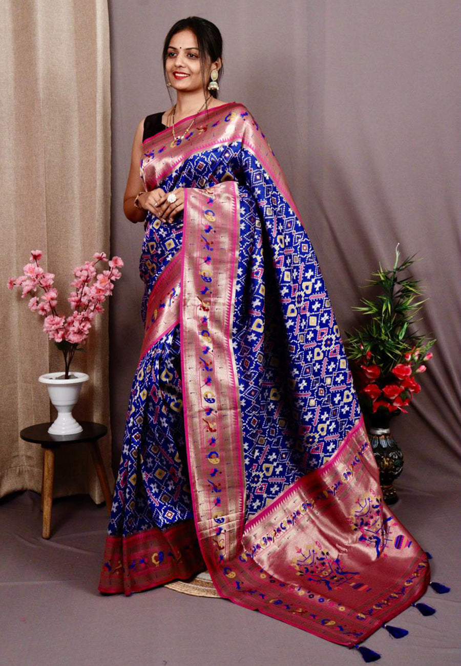 Royal Blue Patola Paithani Fusion Zari Woven Saree