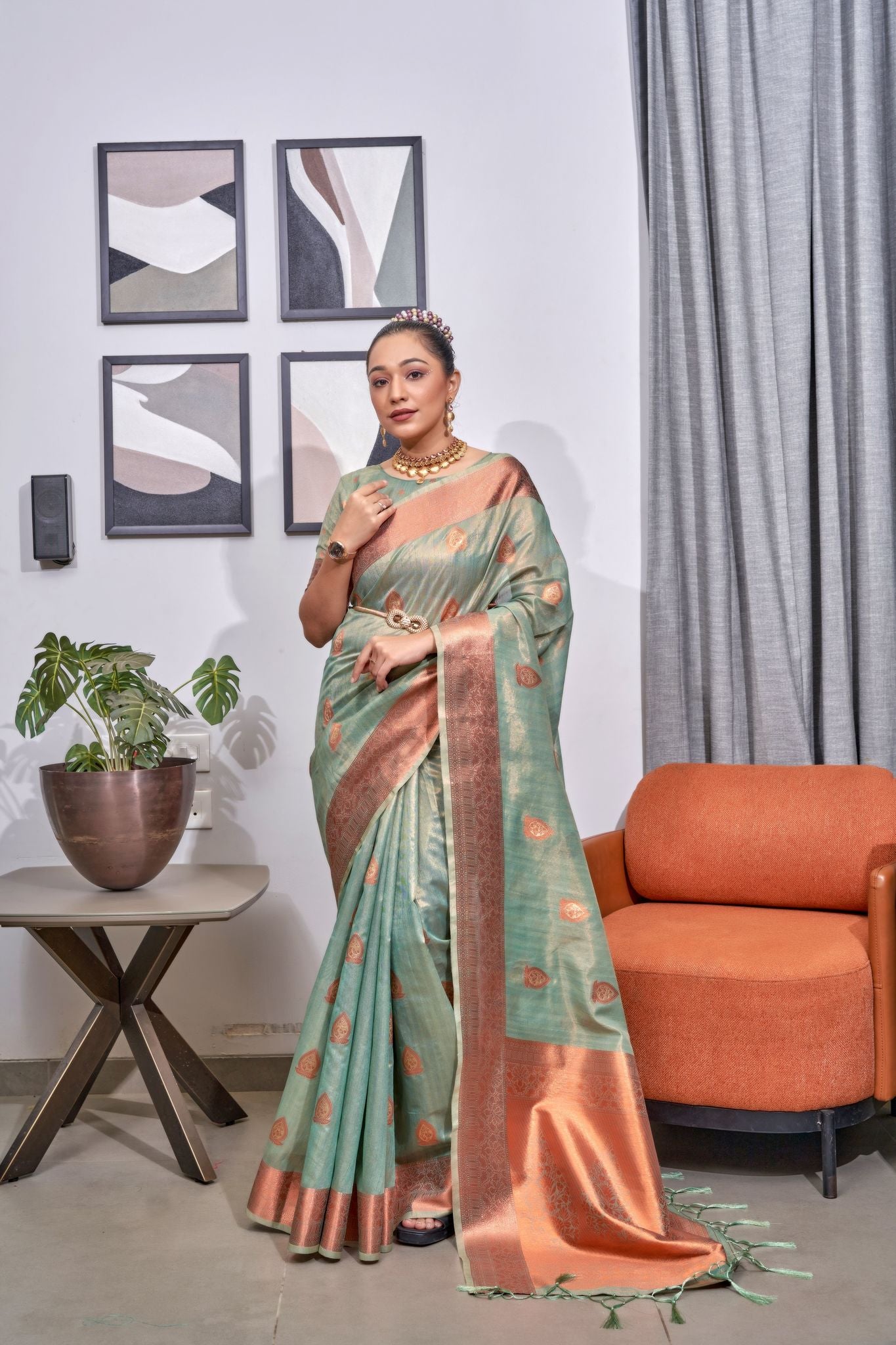 Teal Lakshmi Organza Tissue Silk Woven Saree