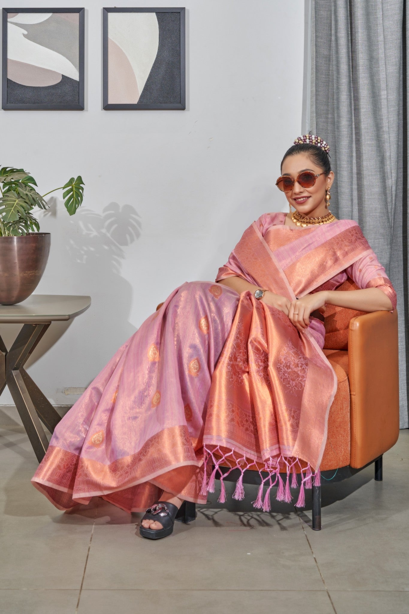 Pink Lakshmi Organza Tissue Silk Woven Saree