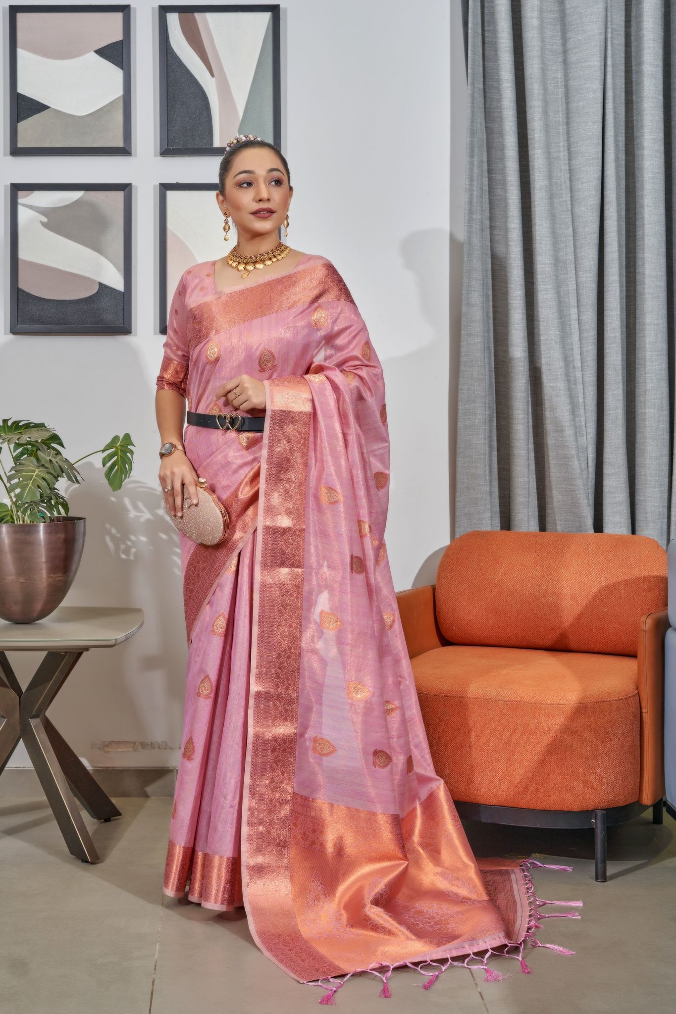 Pink Lakshmi Organza Tissue Silk Woven Saree