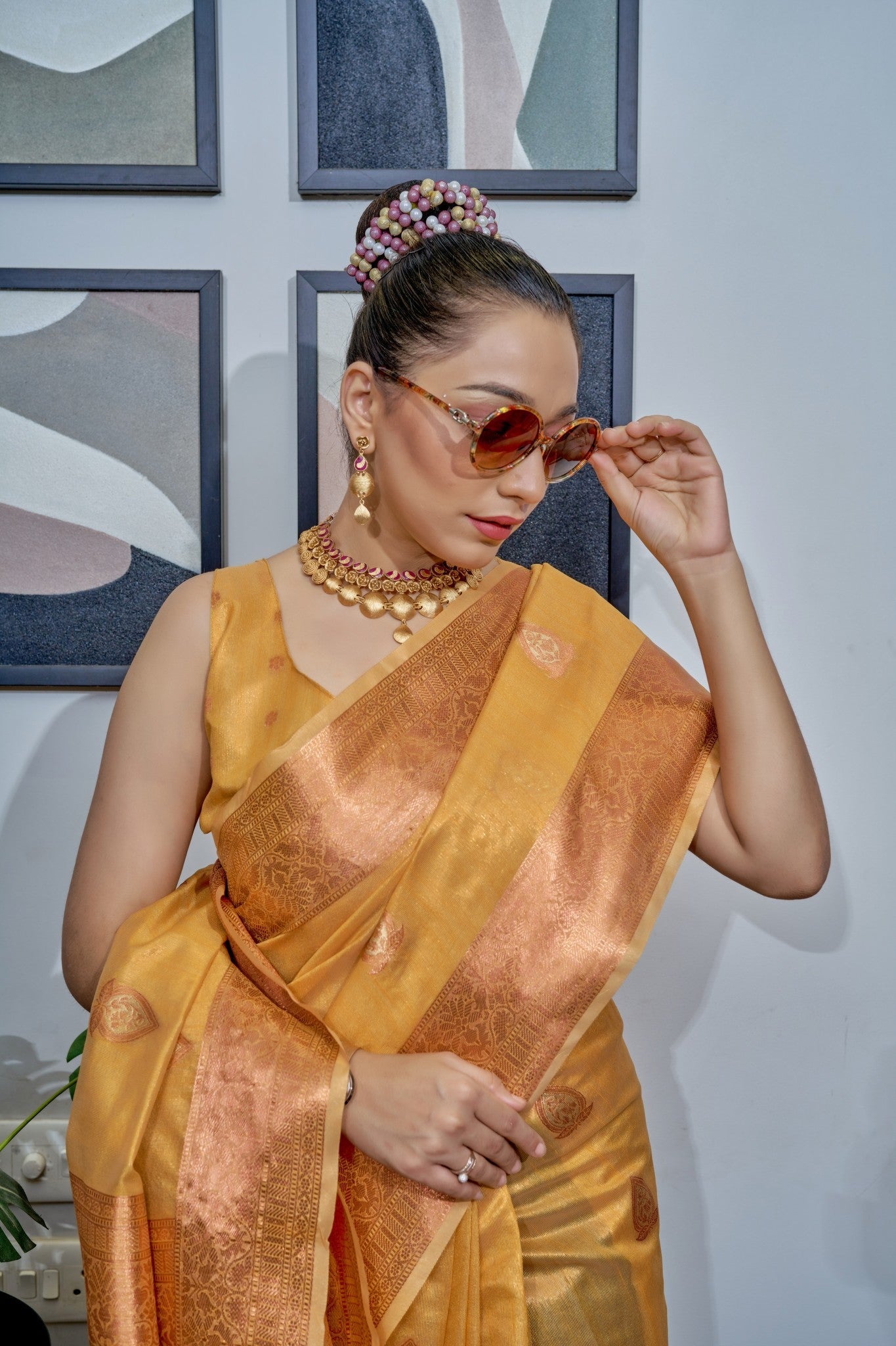 Yellow Lakshmi Organza Tissue Silk Woven Saree