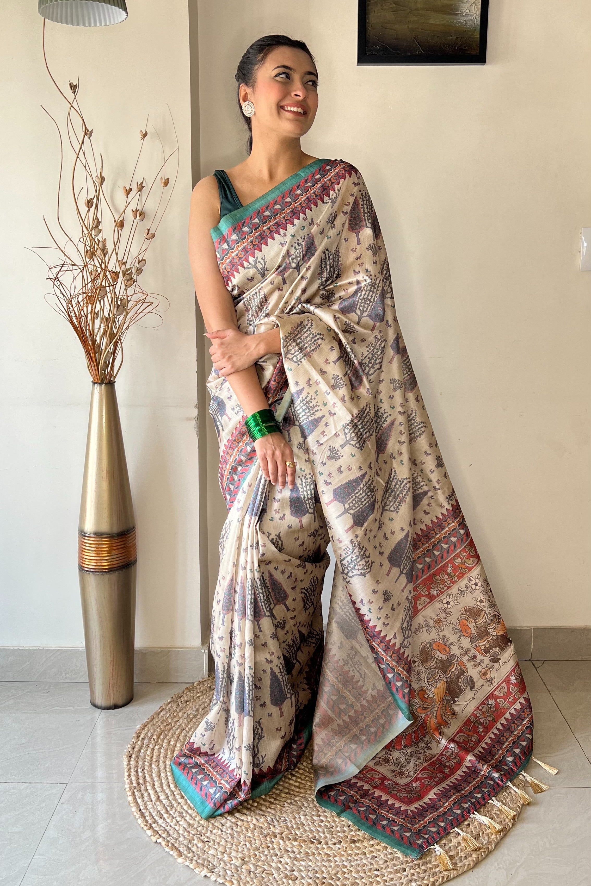 Teal Blue Prerna Kalamkari Cotton Printed Saree